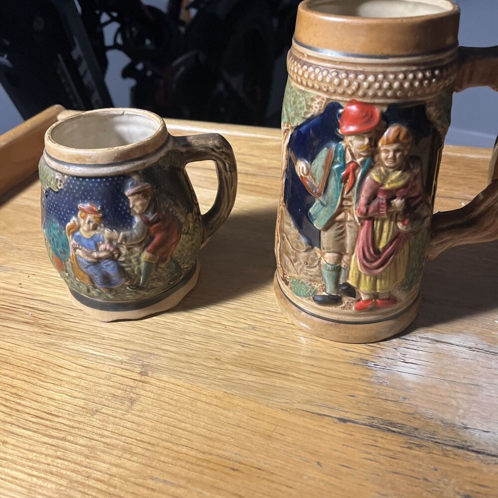 Vintage 1960s German Style Beer Stein Mug Set of 2 Made in Japan Ceramic Relief
